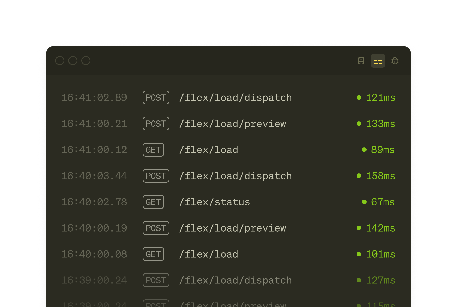 Flex API logs showing load dispatch requests
